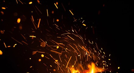 A close-up of bright orange fire and flying sparks against a black background, with motion blur.