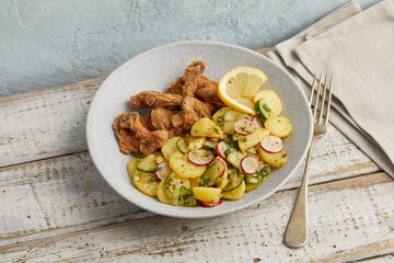 Potato salad with cucumber and oyster mushrooms