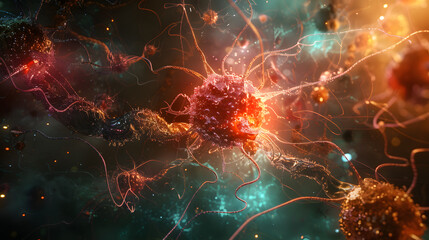 Glowing 3D illustration of cancerous cell division