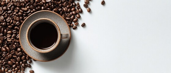 A cup of dark coffee surrounded by coffee beans on a light background