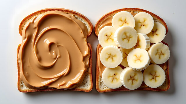 Flat lay of peanut butter toast topped with banana slices on a clean breakfast table.