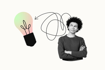 Composite trendy magazine photo collage of minded businessman stand arrow point light bulb finding...