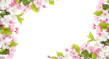 Spring blossom floral border with pink and white flowers isolated on transparent background