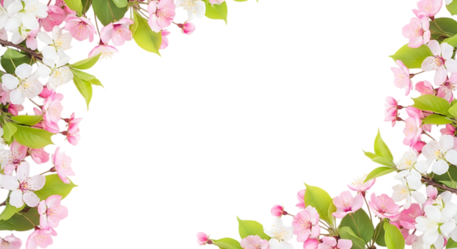 Spring blossom floral border with pink and white flowers isolated on transparent background