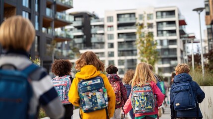 Obraz premium Urban Campus: Group of Students with Colorful Backpacks (Back View)