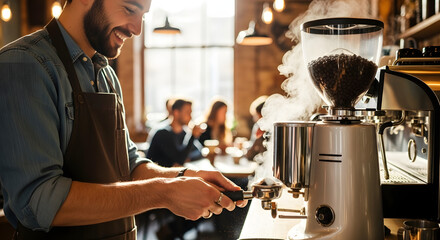A young man with a beard working meticulously with an espresso machine in a cozy coffee shop bathed in warm light creating an inviting atmosphere for patrons enjoying their beverages