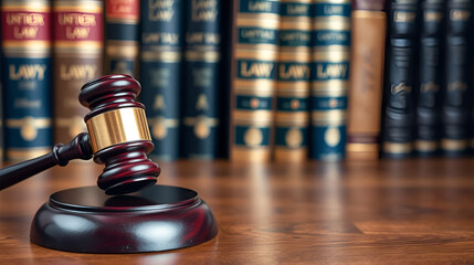 Judge gavel on a wooden desk, law books background