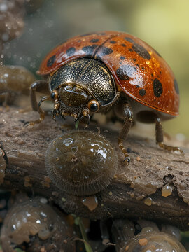 Ladybug (ladybird), Rodolia cardinalis (Coleoptera: Coccinellidae), Vedalia beetle (larvae and imago) is a natural enemy of Seychelles scale (Icerya seychellarum). Biological control concept