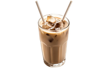 Iced coffee drink with ice cubes and straws in glass png image, cafe beverage photography, cold refreshment, isolated on transparent background