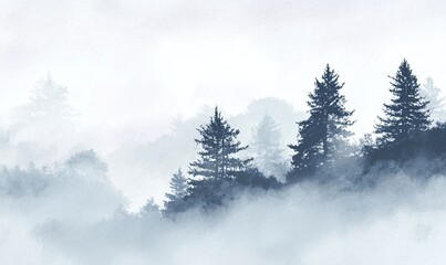 Misty mountain range with silhouette trees