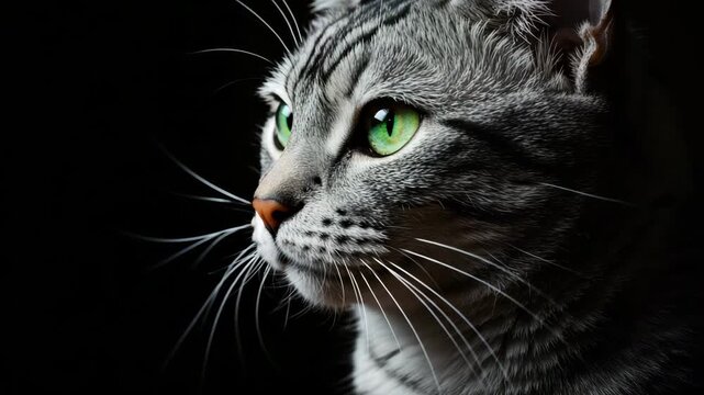 Closeup profile of gray tabby cat with green eyes and orange nose looking attentively in dark studio lighting for pet concept or feline photography