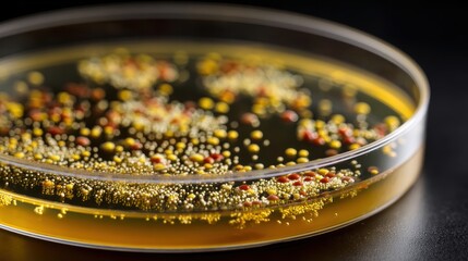Petri Dish with Liquid and Bacterial Colonies