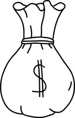 Money doodle drawing, hand drawn sketch. Money bag with dollar symbol.