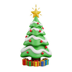 Fototapeta premium 3d icon of festive green christmas tree decorated with red ornaments and a yellow star, surrounded by colorful gifts, isolated on transparent background