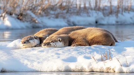 Naklejka premium Three Eurasian Otters Sleeping on Snow Bank by River
