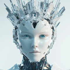 Close up of a futuristic robot with crystal headpiece and striking blue eyes on a white background