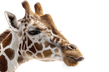Close-up profile of a giraffe's head and neck against white