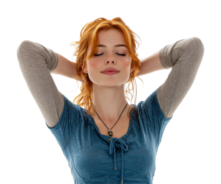 Relaxing woman with closed eyes portrait calm atmosphere isolated on transparent background