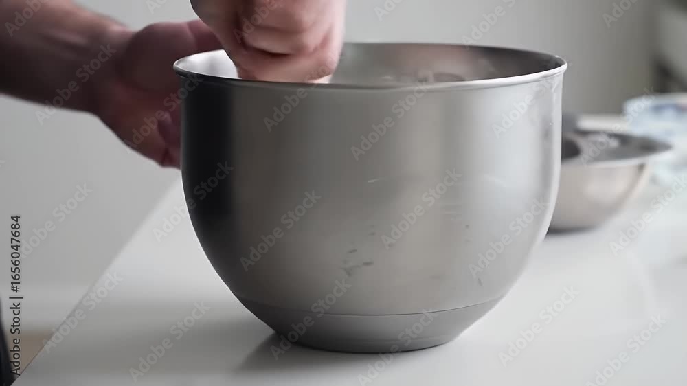Aufkleber close up of a cook churning ice cream with a whisk inside a shiny metal container on a white table h