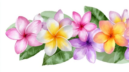 Obraz premium The Floral Border of Plumeria features a delicate border that has been carefully crafted from intricately drawn plumeria flowers in a vibrant watercolor illustration with a captivating palette of