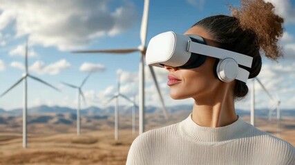 Virtual reality journey through wind farm landscape, exploring technology and natures beauty - Powered by Adobe