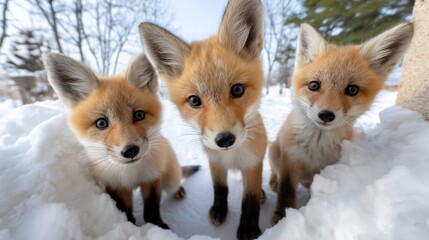 Fototapeta premium Outdoor photography of an adorable group of baby foxes looking down into the camera, perspective from below, wide angle lens, surrounded by a snowy field, soft natural daylight, cinematic lighting,