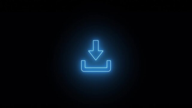 Neon upload icon on black background, swipe down arrow icon. download icon sign