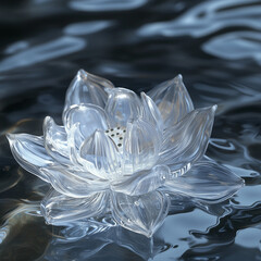 A clear glass lotus flower floating on rippled water with reflections creating a serene and calming scene