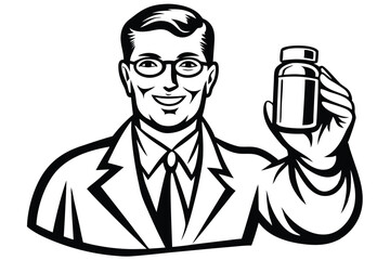 Smiling Doctor Holding Pill Bottle on White Background Design