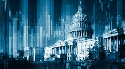 A symbolic representation of government, finance, and societal interconnectedness is presented in the image, centered around the Capitol Building and incorporating an overlay of financial charts