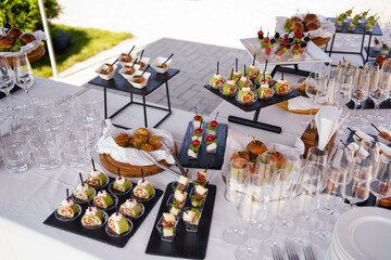 Upscale catering spread featuring gourmet appetizers and elegant glassware at outdoor event in afternoon sunlight
