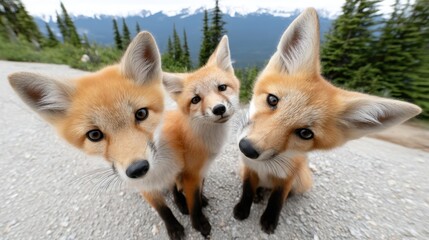 Fototapeta premium Outdoor photography of an adorable group of baby foxes looking down into the camera, perspective from below, wide angle lens, surrounded by a mountain hilltop, soft natural daylight, cinematic