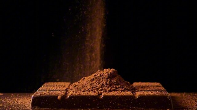 Dark chocolate bar dusted with cocoa powder against a black background