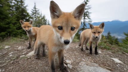 Fototapeta premium Outdoor photography of an adorable group of baby foxes looking down into the camera, perspective from below, wide angle lens, surrounded by a mountain hilltop, soft natural daylight, cinematic