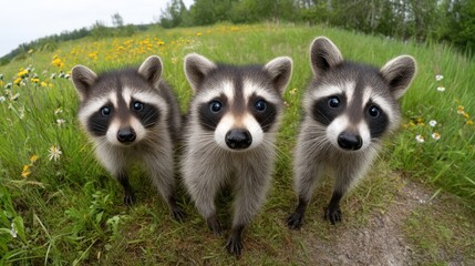Obraz premium Outdoor photography of an adorable group of raccoons looking down into the camera, perspective from below, wide angle lens, surrounded by a meadow full of flowers, soft natural daylight, cinematic