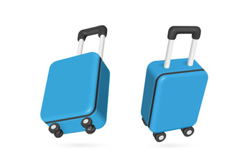 Two pastel blue luggage bags or baggage with black handles in perspective view floating in mid air on white background or isolated background, vector 3d isolated for travel advertising design