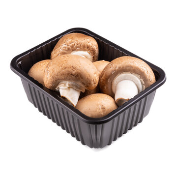 Brown champignon mushrooms in a container isolated on white background. Packaging of champignons for a store.
