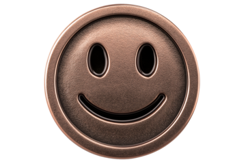 Copper bronze metallic smiling face medallion with textured surface, happiness symbol in luxury finish. png.