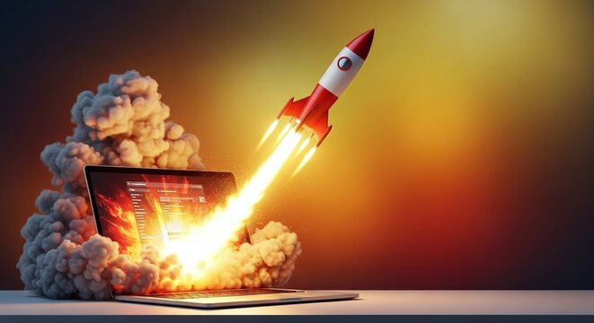 Laptop launch startup concept with rocket blasting off symbolizing business growth and successful project development with bright flame and smoke plumes against a colorful background