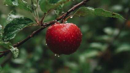 Obraz premium On a branch, a beautiful red apple is suspended, its vibrant skin glistening with moisture as it soaks up the warm sunlight, surrounded by a lush canopy of green leaves