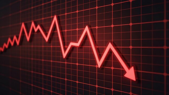 Red downward trending graph indicating significant financial decline and market crash with a sharp drop shown on a grid background
