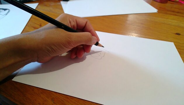 A hand carefully sketches a design on white paper, using a graphite pencil.