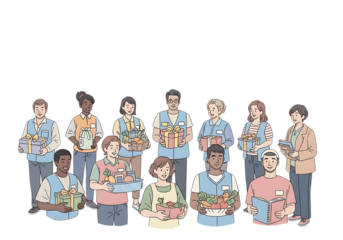 Diverse group of people holding gifts and presents, representing community, charity, and celebration isolated on transparent background