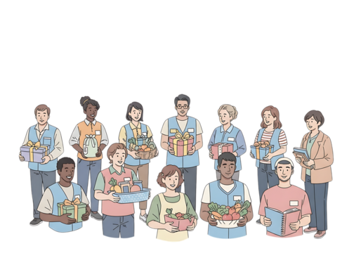 Diverse group of people holding gifts and presents, representing community, charity, and celebration isolated on transparent background