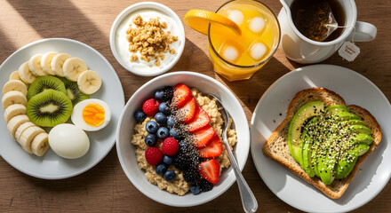 A Vibrant Start: Healthy Breakfast Platter Showcasing Colorful Fruits, Whole Grains, and Refreshing Beverages for a Balanced Morning Nourishment and Energized Day ahead with Bright Natural Light