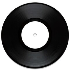 A black vinyl record with a white label is isolated on white background, ready to play some classic tunes