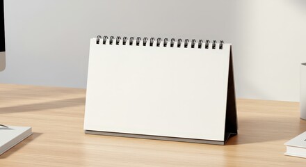 A blank spiralbound calendar sits on a wooden desk, ready to be filled with important dates and appointments