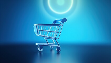 A miniature blue shopping cart glows with an ethereal light, set against a dark, blurred background.