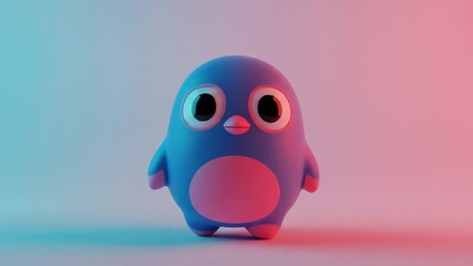 A charming, cartoon-style penguin with blue and pink coloring, standing against a gradient backdrop. - Powered by Adobe