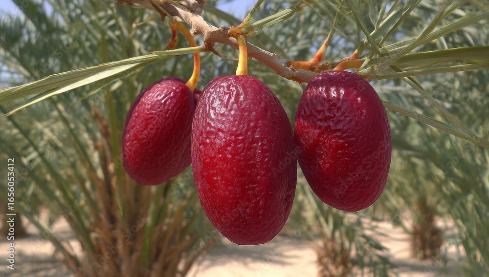 Poster on a date palm tree, a cluster of succulent dates has ripened to a dark red color, beautifully contr
